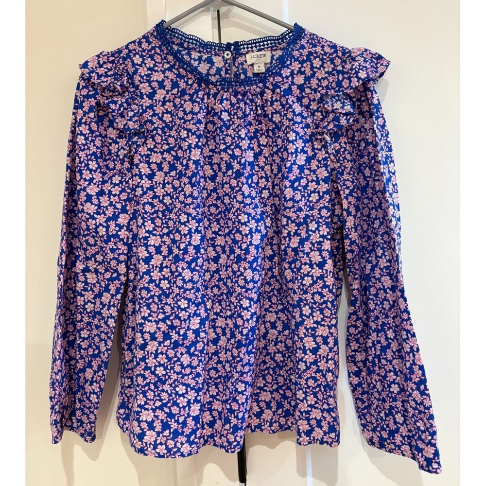 J CREW SHIRT Womens Small Blue Pink Spring Floral Print Ruffle Lace Long Sleeve - Picture 2 of 8